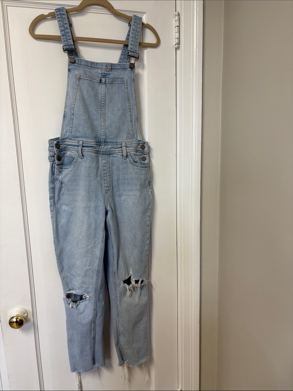 PAIGE Light Blue Distressed Denim Overalls